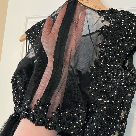 EMOTION Two Piece Cropped Black Mesh Glam Lace Tutu Mini Prom Punk Dress Outfit - Picture 4 of 14